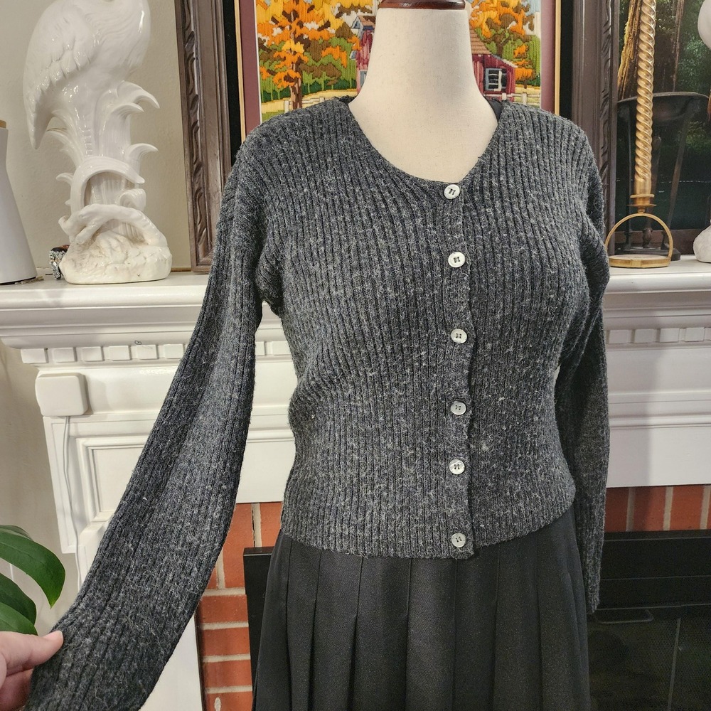 Carolyn Taylor Vintage Dark Gray Ribbed Button Up Cardigan Sweater Womens Large